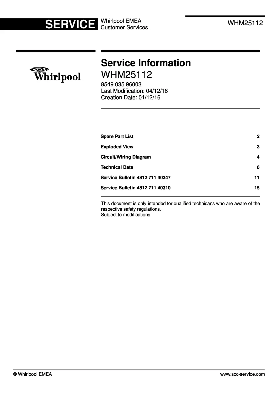 Whirlpool whm25112 service manual cover with model code, manual contents and publication date