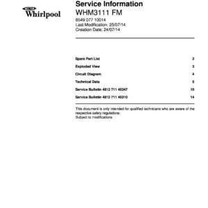Whirlpool whm3111 fm service manual cover with model code, manual contents and publication date