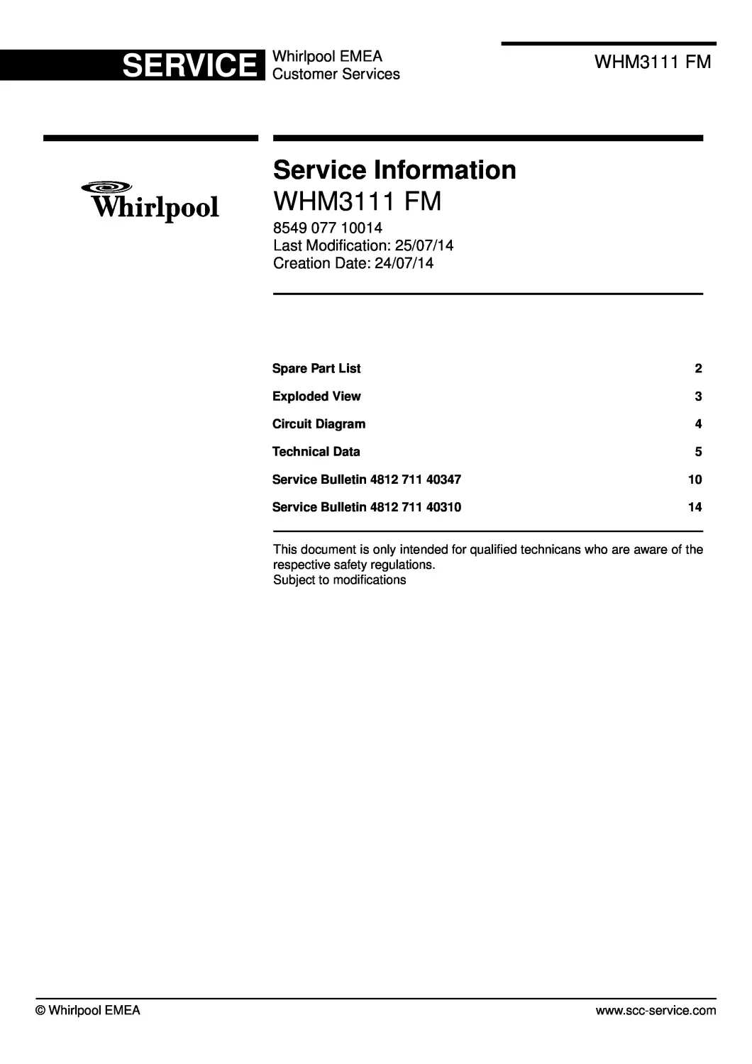 Whirlpool whm3111 fm service manual cover with model code, manual contents and publication date