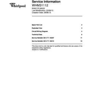 Whirlpool whm31112 service manual cover with model code, manual contents and publication date