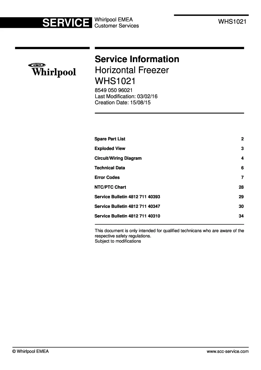 Whirlpool whs1021 service manual cover with model code, manual contents and publication date