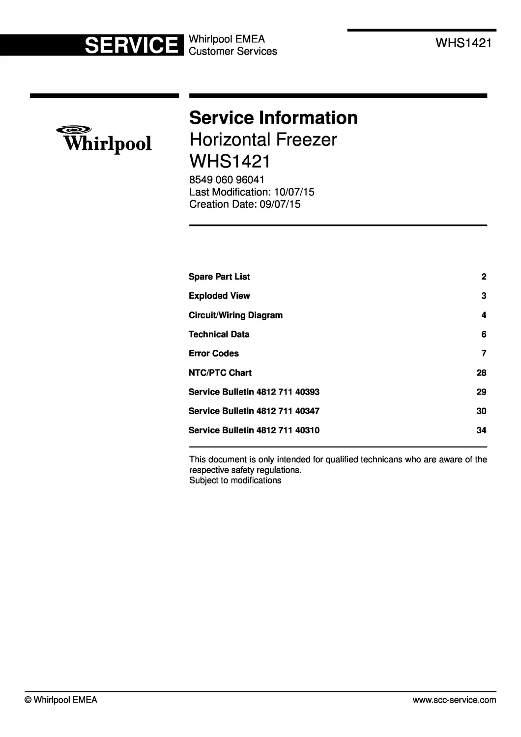 Whirlpool whs1421 service manual cover with model code, manual contents and publication date