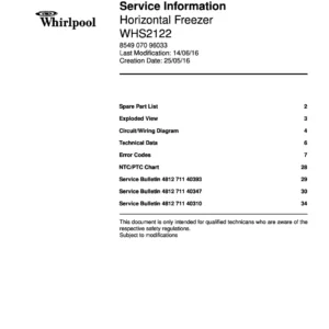 Whirlpool whs2122 service manual cover with model code, manual contents and publication date