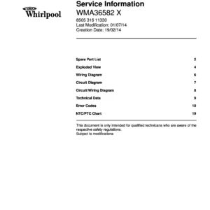 Whirlpool wma36582 x service manual cover with model code, manual contents and publication date