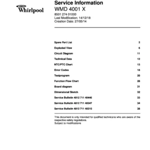 Whirlpool wmd 4001 x service manual cover with model code, manual contents and publication date
