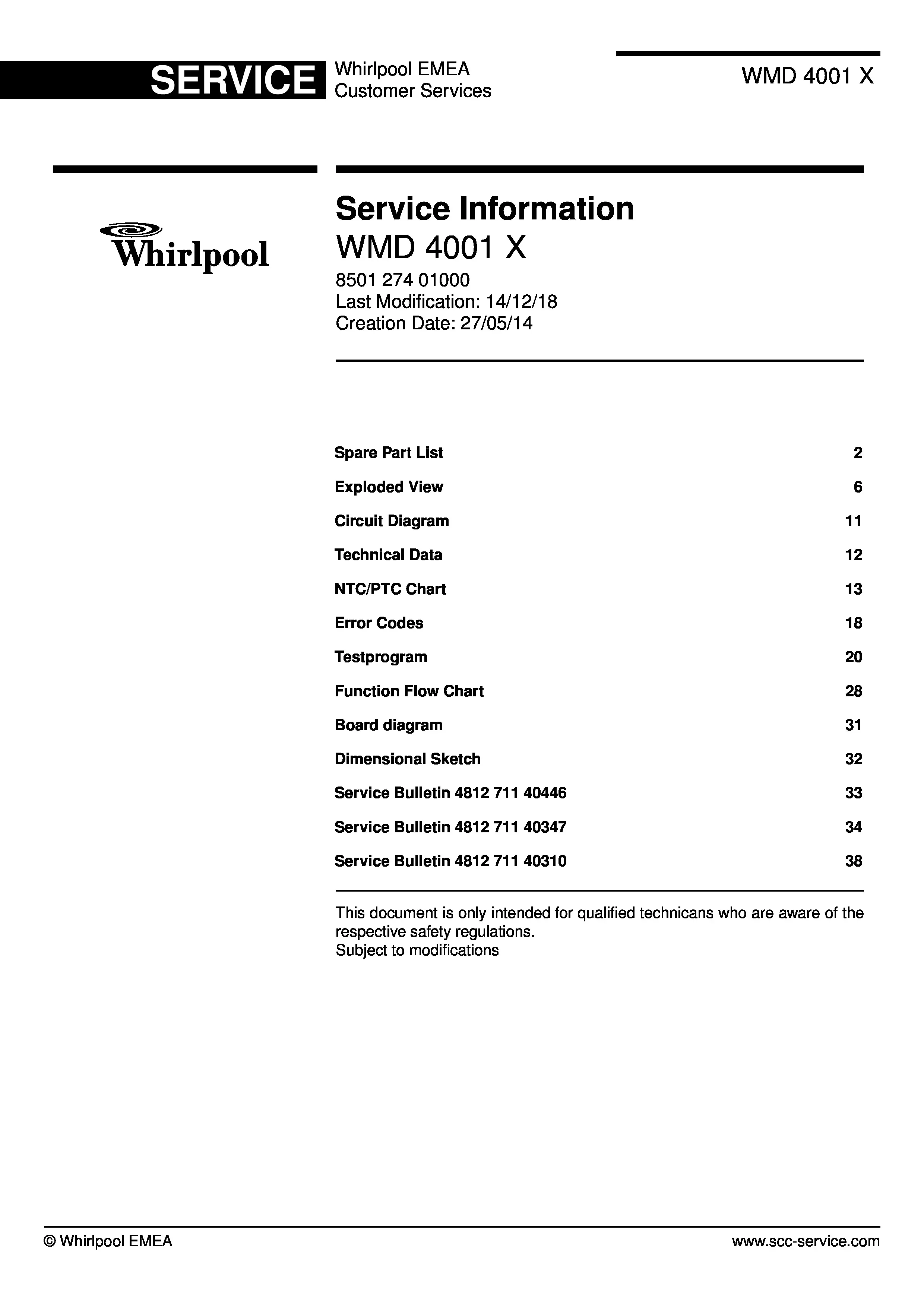 Whirlpool wmd 4001 x service manual cover with model code, manual contents and publication date