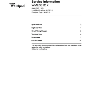 Whirlpool wme3612 x service manual cover with model code, manual contents and publication date