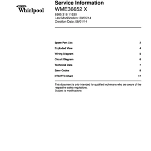 Whirlpool wme36652 x service manual cover with model code, manual contents and publication date