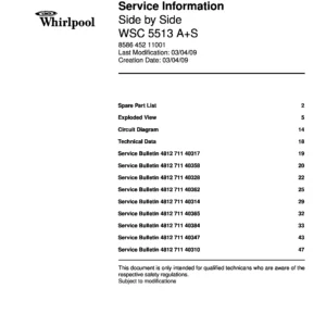 Whirlpool wsc 5513 as service manual cover with model code, manual contents and publication date