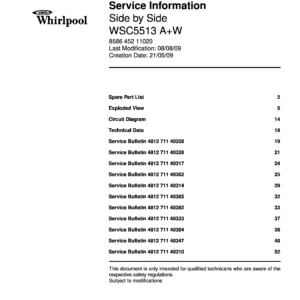 Whirlpool wsc5513 aw service manual cover with model code, manual contents and publication date