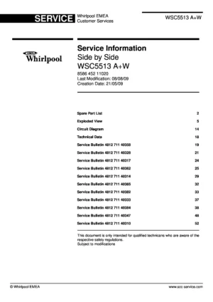 Whirlpool wsc5513 aw service manual cover with model code, manual contents and publication date