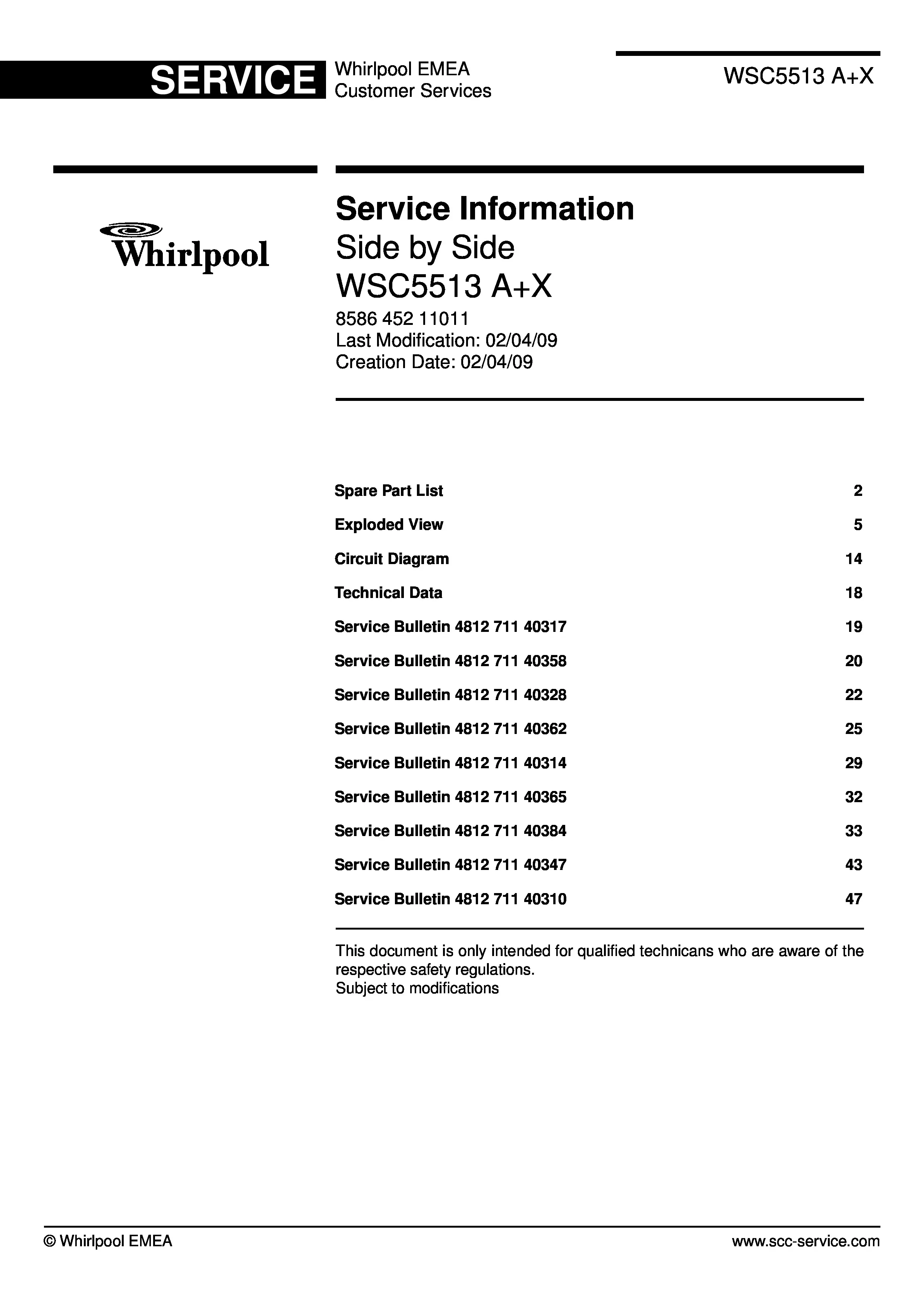 Whirlpool wsc5513 ax service manual cover with model code, manual contents and publication date