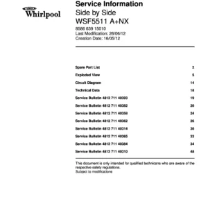 Whirlpool wsf 5511 anx service manual cover with model code, manual contents and publication date