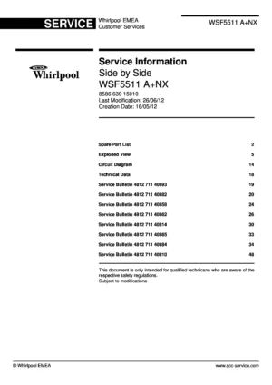 Whirlpool wsf 5511 anx service manual cover with model code, manual contents and publication date