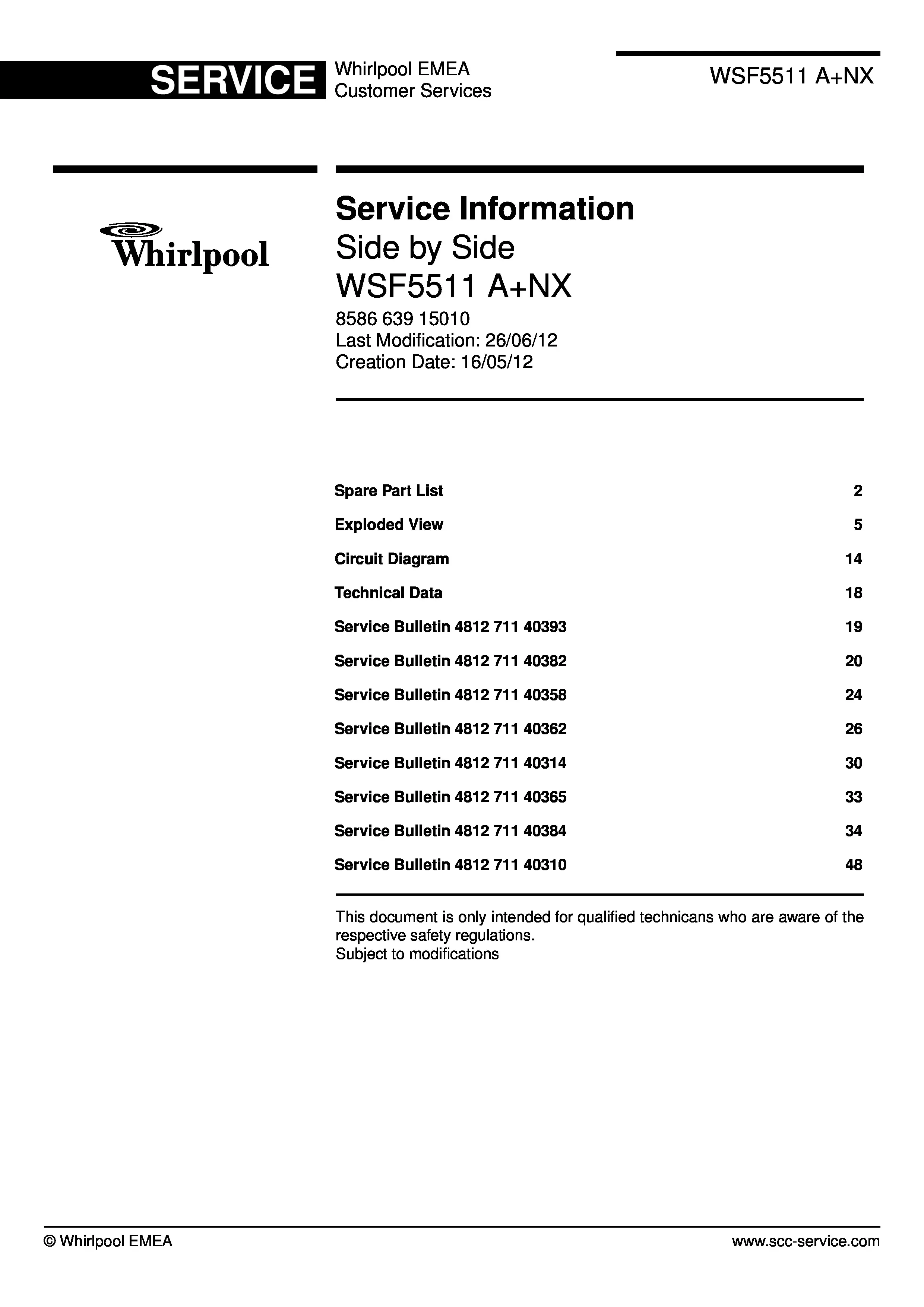 Whirlpool wsf 5511 anx service manual cover with model code, manual contents and publication date