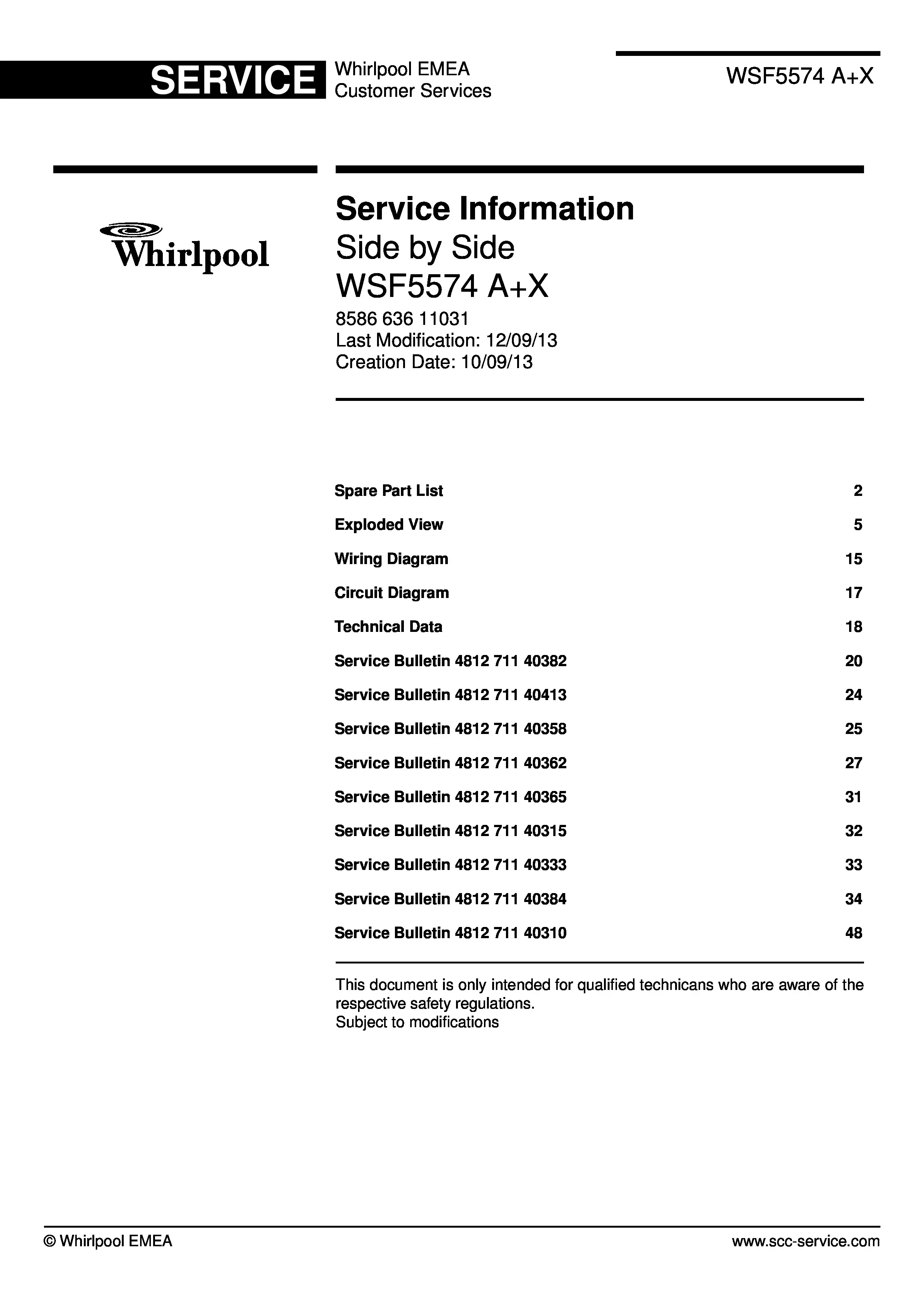 Whirlpool wsf 5574 ax service manual cover with model code, manual contents and publication date