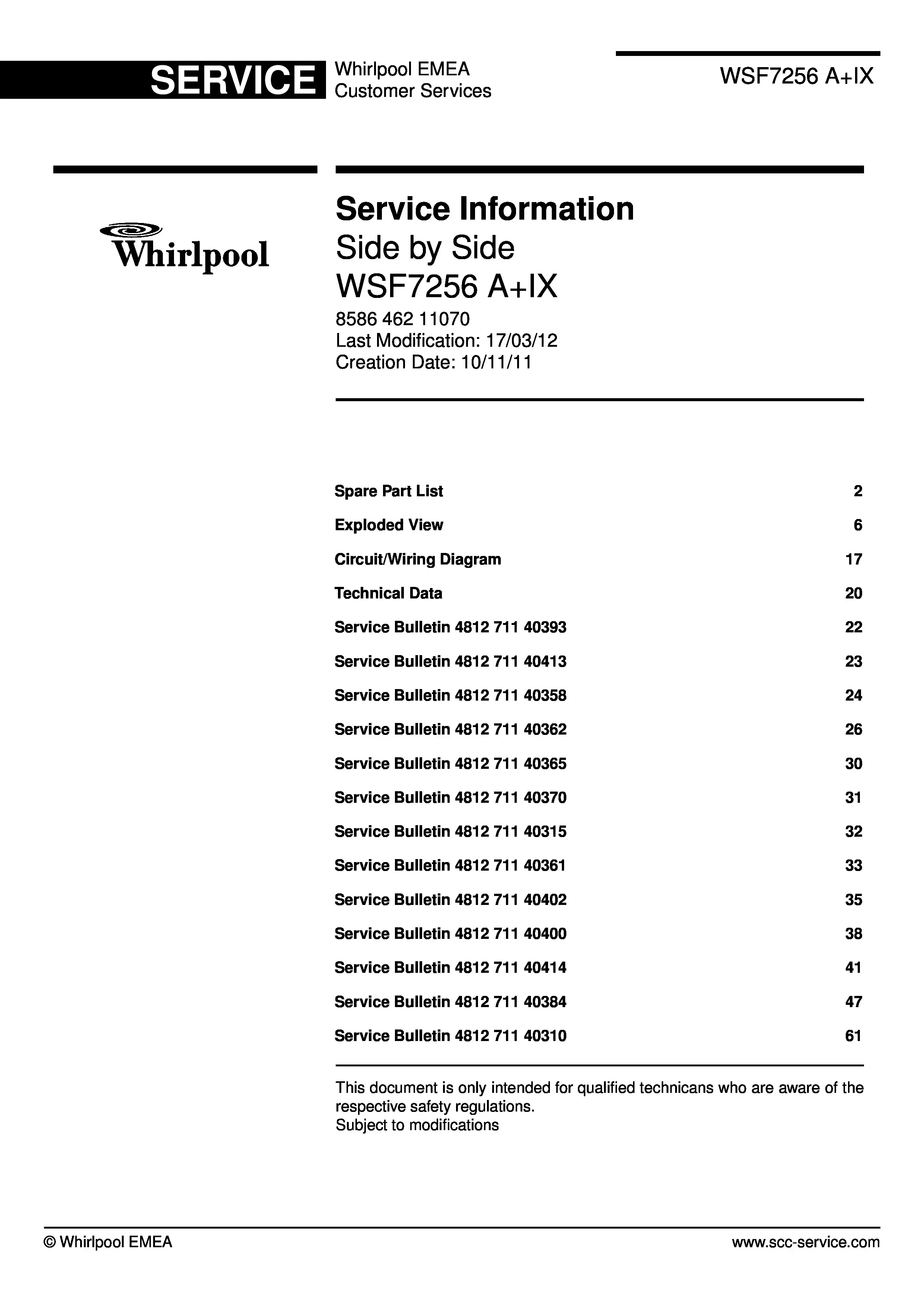Whirlpool wsf 7256 aix service manual cover with model code, manual contents and publication date