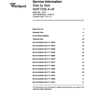 Whirlpool wsf 7256 aw service manual cover with model code, manual contents and publication date