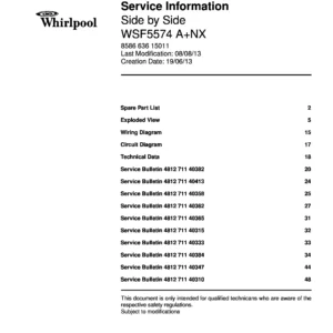 Whirlpool wsf5574 anx service manual cover with model code, manual contents and publication date