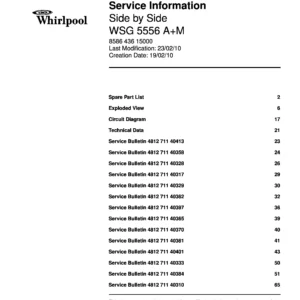 Whirlpool wsg 5556 a m service manual cover with model code, manual contents and publication date