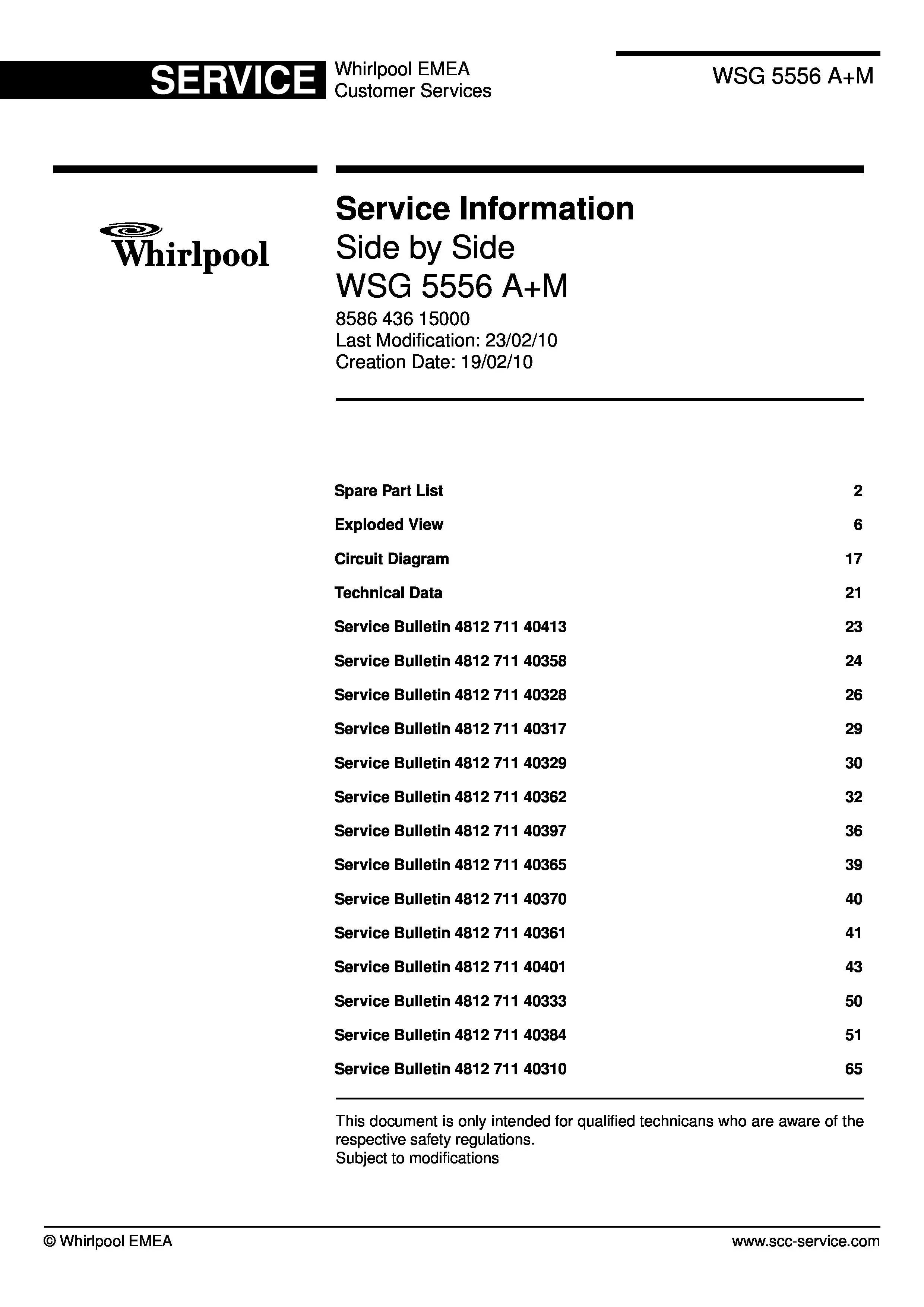 Whirlpool wsg 5556 a m service manual cover with model code, manual contents and publication date