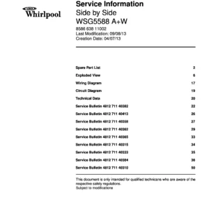 Whirlpool wsg 5588 aw service manual cover with model code, manual contents and publication date