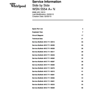 Whirlpool wsn 5554 an service manual cover with model code, manual contents and publication date