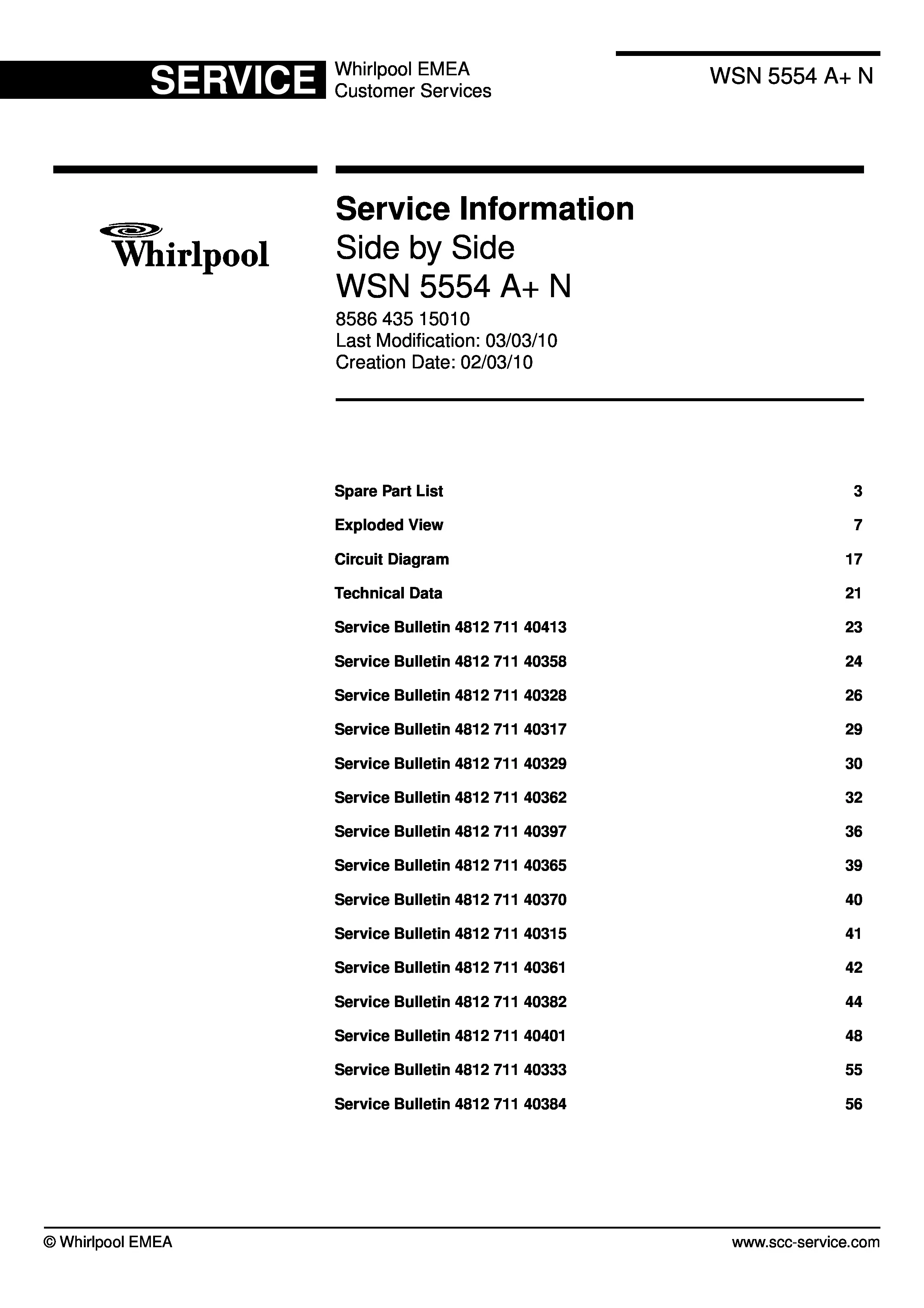 Whirlpool wsn 5554 an service manual cover with model code, manual contents and publication date