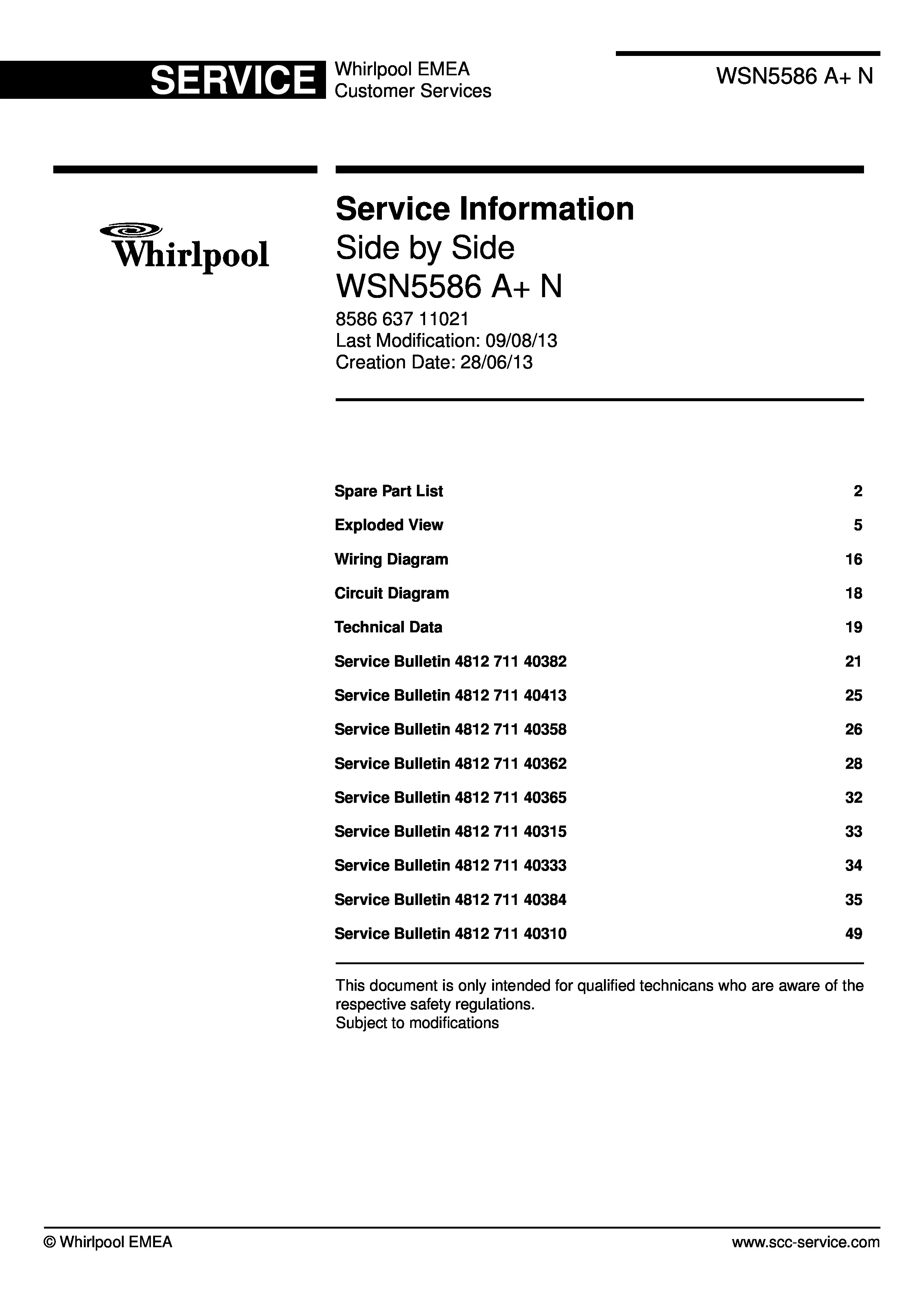 Whirlpool wsn5586 a n service manual cover with model code, manual contents and publication date