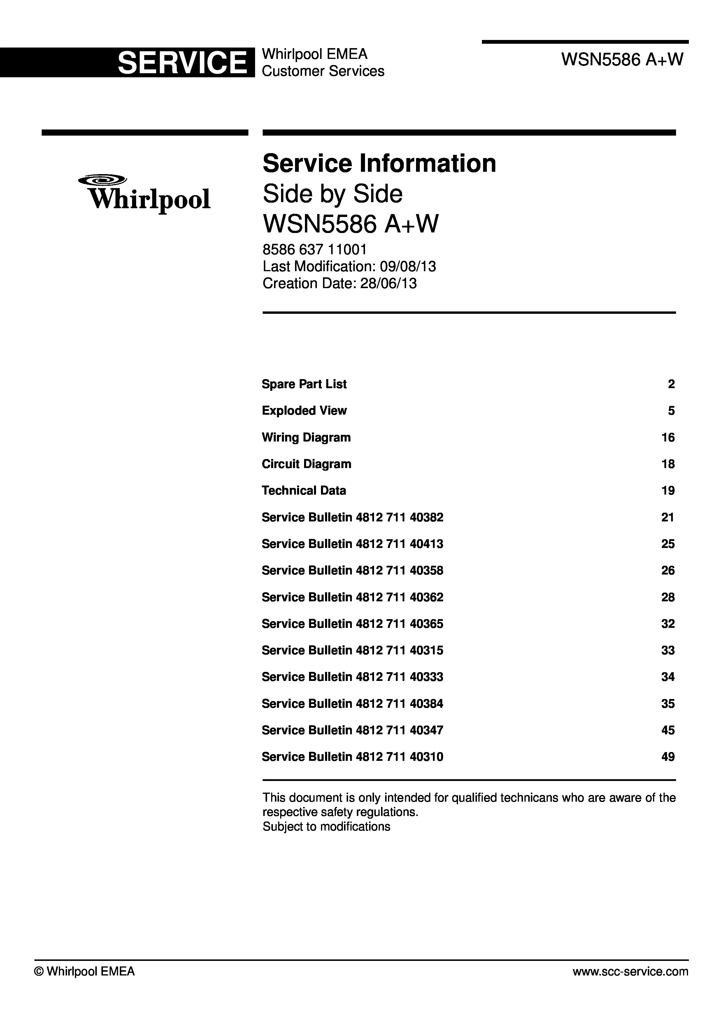 Whirlpool wsn5586 aw service manual cover with model code, manual contents and publication date