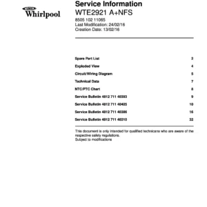 Whirlpool wte2921 anfs service manual cover with model code, manual contents and publication date