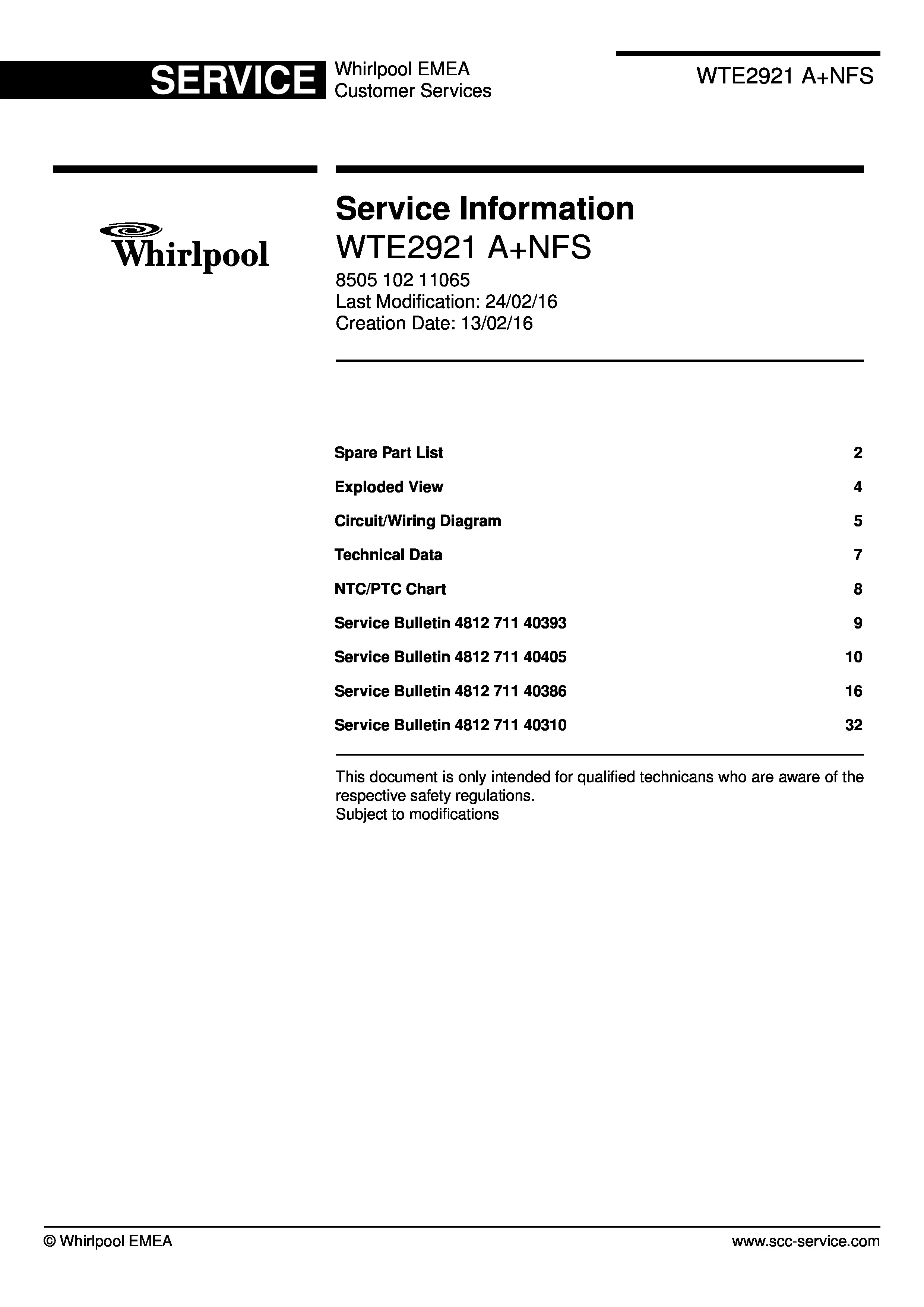 Whirlpool wte2921 anfs service manual cover with model code, manual contents and publication date