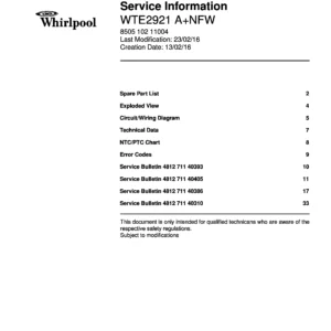 Whirlpool wte2921 anfw service manual cover with model code, manual contents and publication date