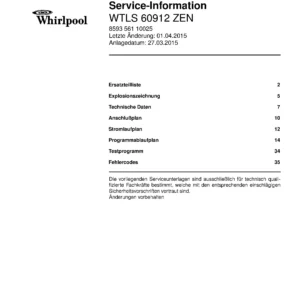 Whirlpool wtls 60912 zen deckblatt der serviceanleitung Whirlpool logo, Whirlpool EMEA customer service, model type, publication date, document number and service manual contents