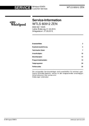 Whirlpool wtls 60912 zen deckblatt der serviceanleitung Whirlpool logo, Whirlpool EMEA customer service, model type, publication date, document number and service manual contents