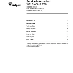 Whirlpool wtls 60912 zen service manual cover Whirlpool logo, Whirlpool EMEA customer service, model type, publication date, document number and service manual contents