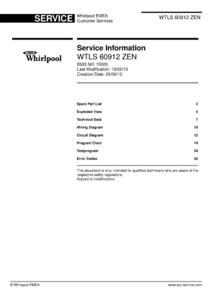 Whirlpool wtls 60912 zen service manual cover Whirlpool logo, Whirlpool EMEA customer service, model type, publication date, document number and service manual contents