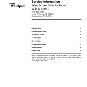 Whirlpool wtls 66912 deckblatt der serviceanleitung Whirlpool logo, Whirlpool EMEA customer service, model type, publication date, document number and service manual contents