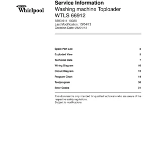 Whirlpool wtls 66912 service manual cover Whirlpool logo, Whirlpool EMEA customer service, model type, publication date, document number and service manual contents