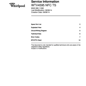 Whirlpool wtv 4595 nfc ts service manual cover with model code, manual contents and publication date