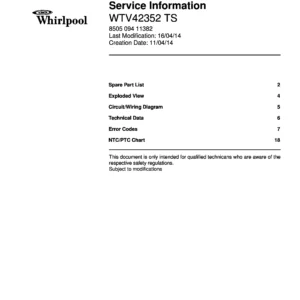 Whirlpool wtv42352 ts service manual cover with model code, manual contents and publication date