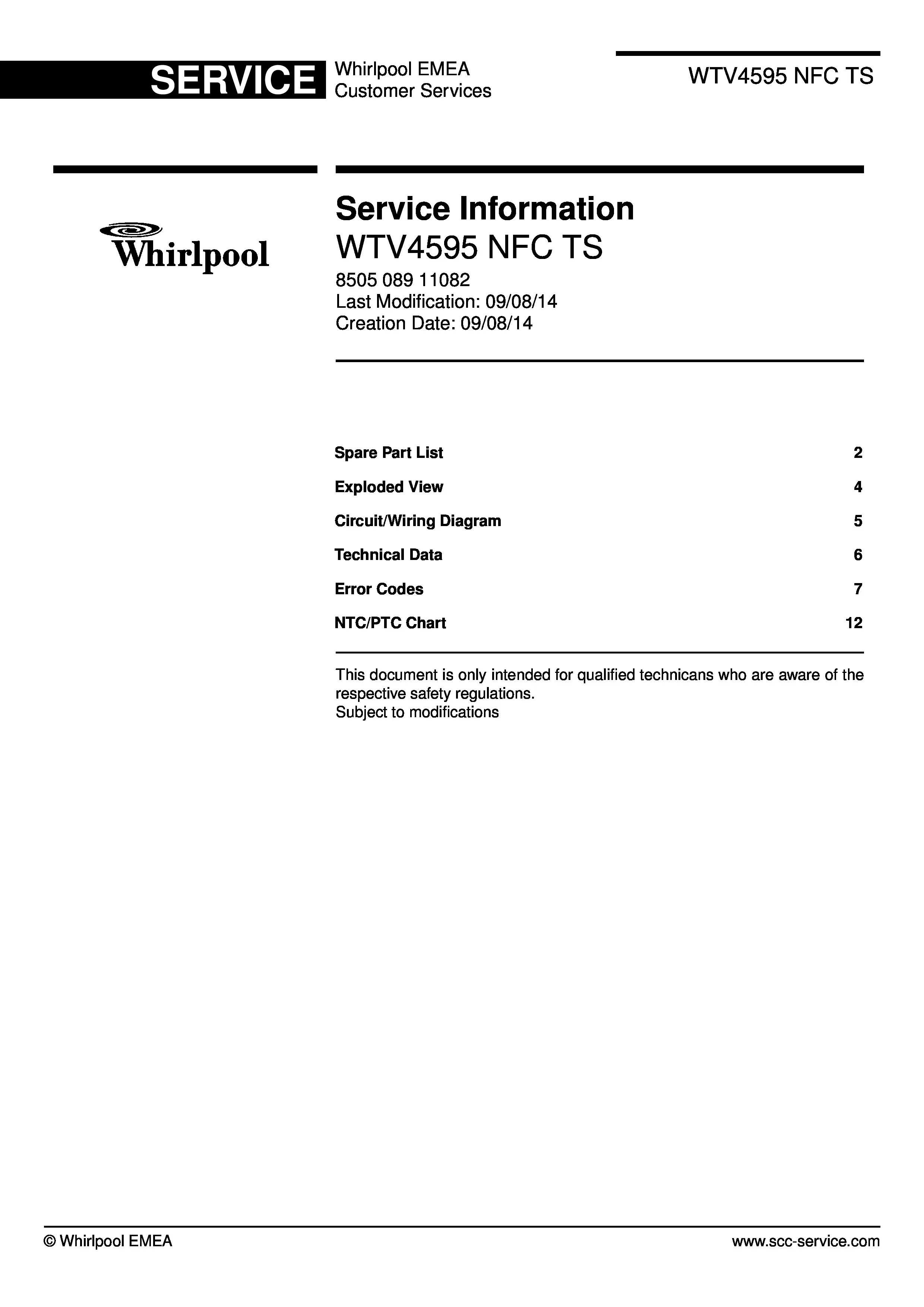 Whirlpool wtv4595 nfc ts service manual cover with model code, manual contents and publication date