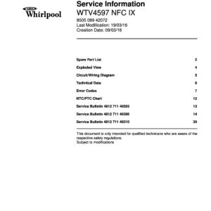 Whirlpool wtv4597 nfc ix service manual cover with model code, manual contents and publication date