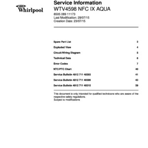 Whirlpool wtv4598 nfc ix aqua service manual cover with model code, manual contents and publication date