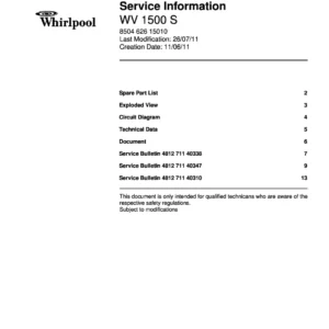 Whirlpool wv 1500 s service manual cover with model code, manual contents and publication date