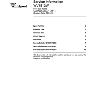 Whirlpool wv1512w service manual cover with model code, manual contents and publication date