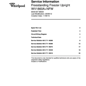Whirlpool wv1860anfw service manual cover with model code, manual contents and publication date