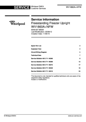 Whirlpool wv1860anfw service manual cover with model code, manual contents and publication date