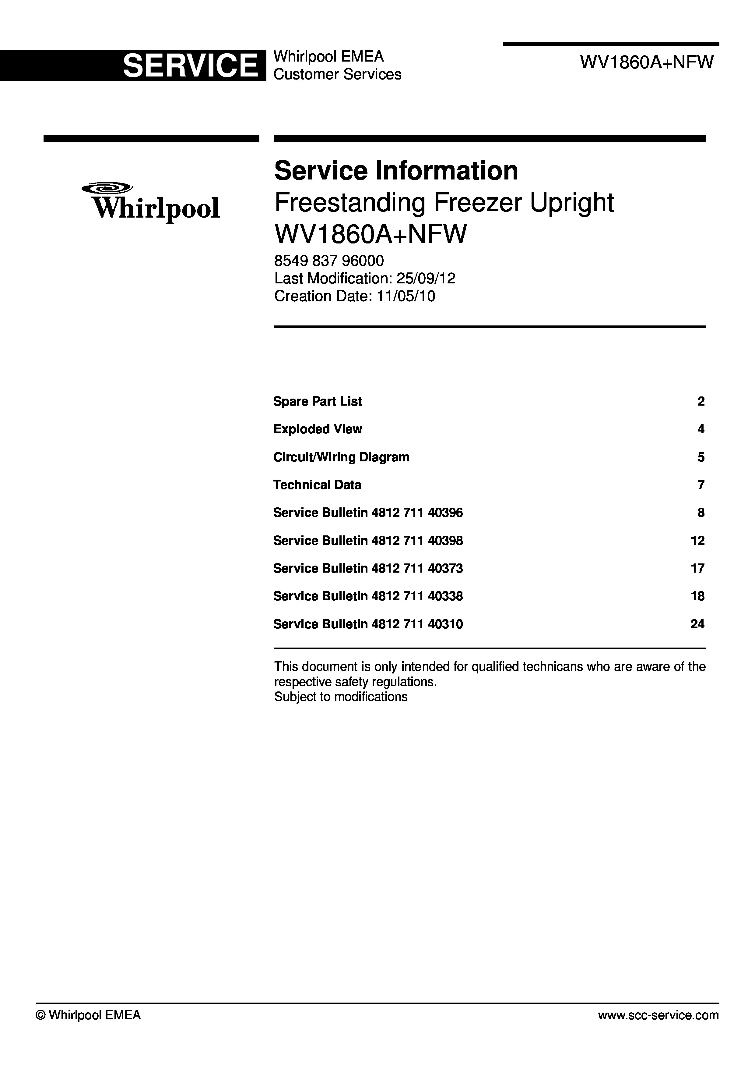 Whirlpool wv1860anfw service manual cover with model code, manual contents and publication date