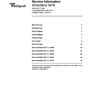 Whirlpool wva35642 nfw service manual cover with model code, manual contents and publication date